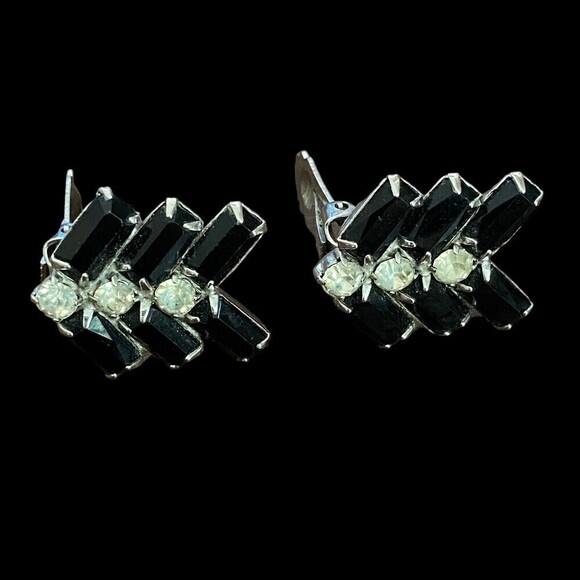 Vintage Black and Clear Rhinestone Silver Tone Clip Earrings - Picture 4 of 4